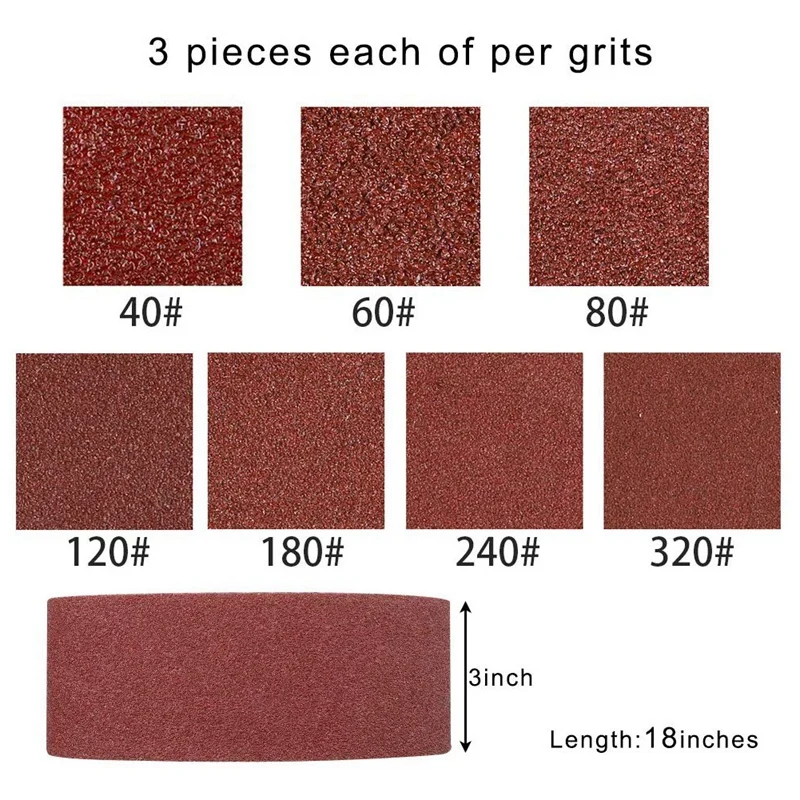

3x18 Inches Aluminum Oxide Sanding Belt, 21 Pack Sanding Belts (3 Each of 40 60 80 120 180 240 320 Grits) for Belt Sander