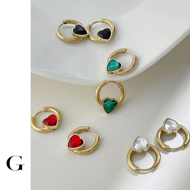 

GHIDBK Elegant Glass Love Heart Hoop Earrings Golden Stainless Steel Huggie Earring Hoops Femme Jewelry Waterproof Bridal Gift