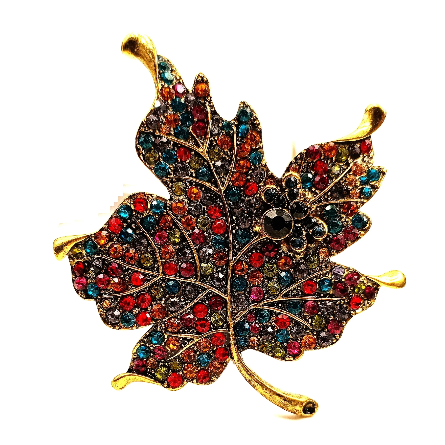 Gorgeous Vintage Gold Tone Black Bee Accent Colorful Crystal Canada Maple Leaf Broach Pin Fall Winter Heavy Coat Sweater Jewelry