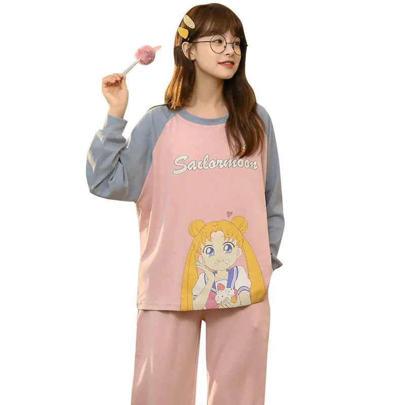 

Women Cotton Pajamas Kawaii Pink Long Sleeve Homewear Loose Lounge Wear Autumn Warm Female Sleepwear Sailor Moon Women Pajamas