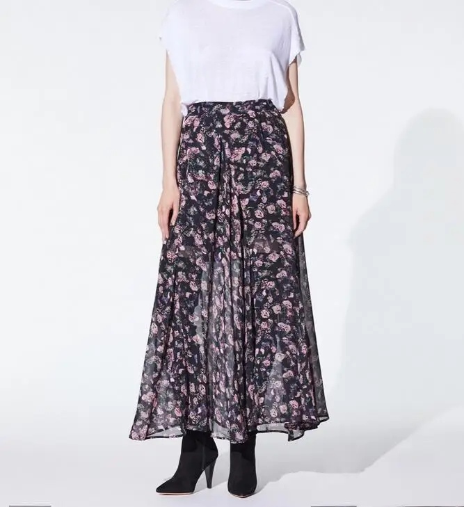 

Evening Women Skirt Flower Printed High Waist A-line Midi Skirt