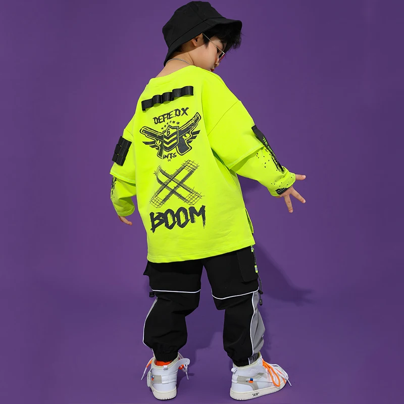 

Hip Hop Boys Ballroom Street Dance Clothes Green Tops Sport Casual Pants For Kids Long Sleeve Hip Hop Suit Perform Wear