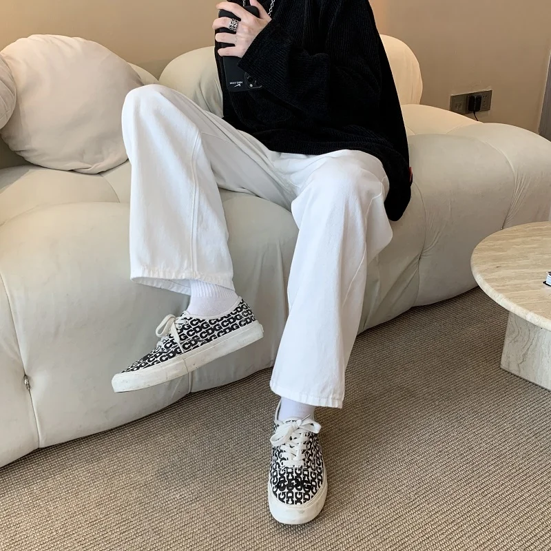 

Cotton Black/Blue/White Jeans Men's Fashion Casual Wide-leg Jeans Men Streetwear Loose Hip-hop Straight Denim Trousers Mens