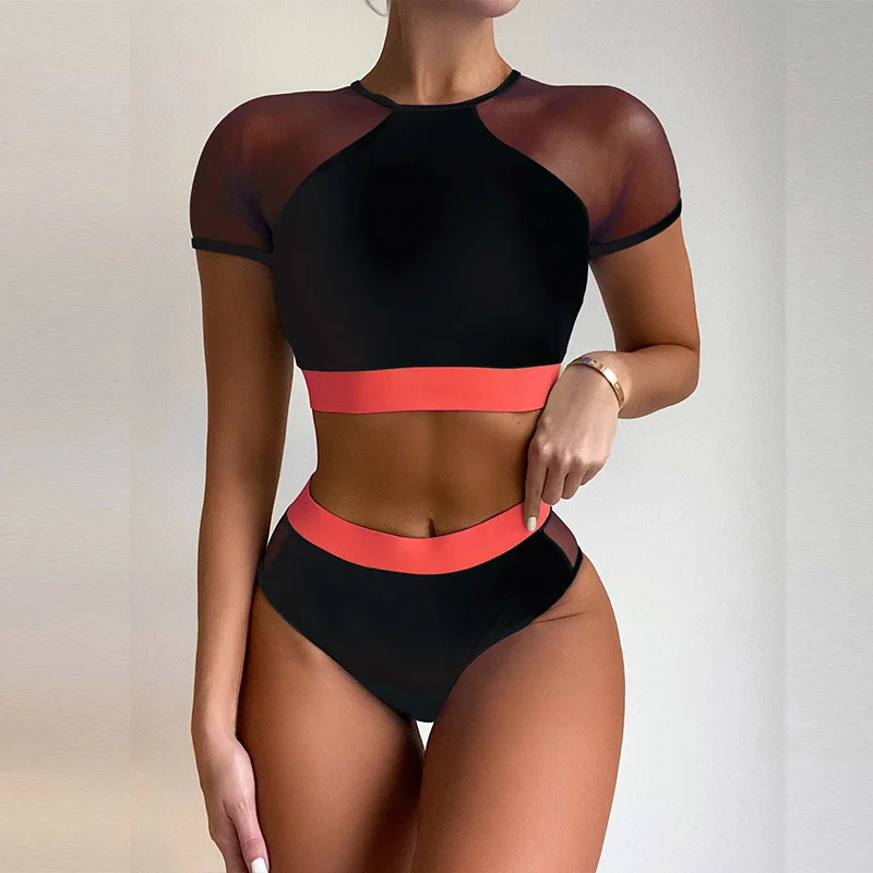 

Sexy Transparent mesh High Waist Women Bikini Set Two Piece Splicing Surf Swimwear Fashion Beachwear Bathing Suit Summer Biquini