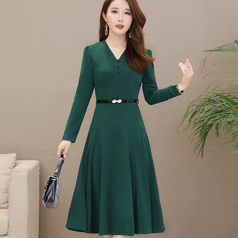 2019 осенне зимнее платье с длинными рукавами женское винтажное тонкое офисное