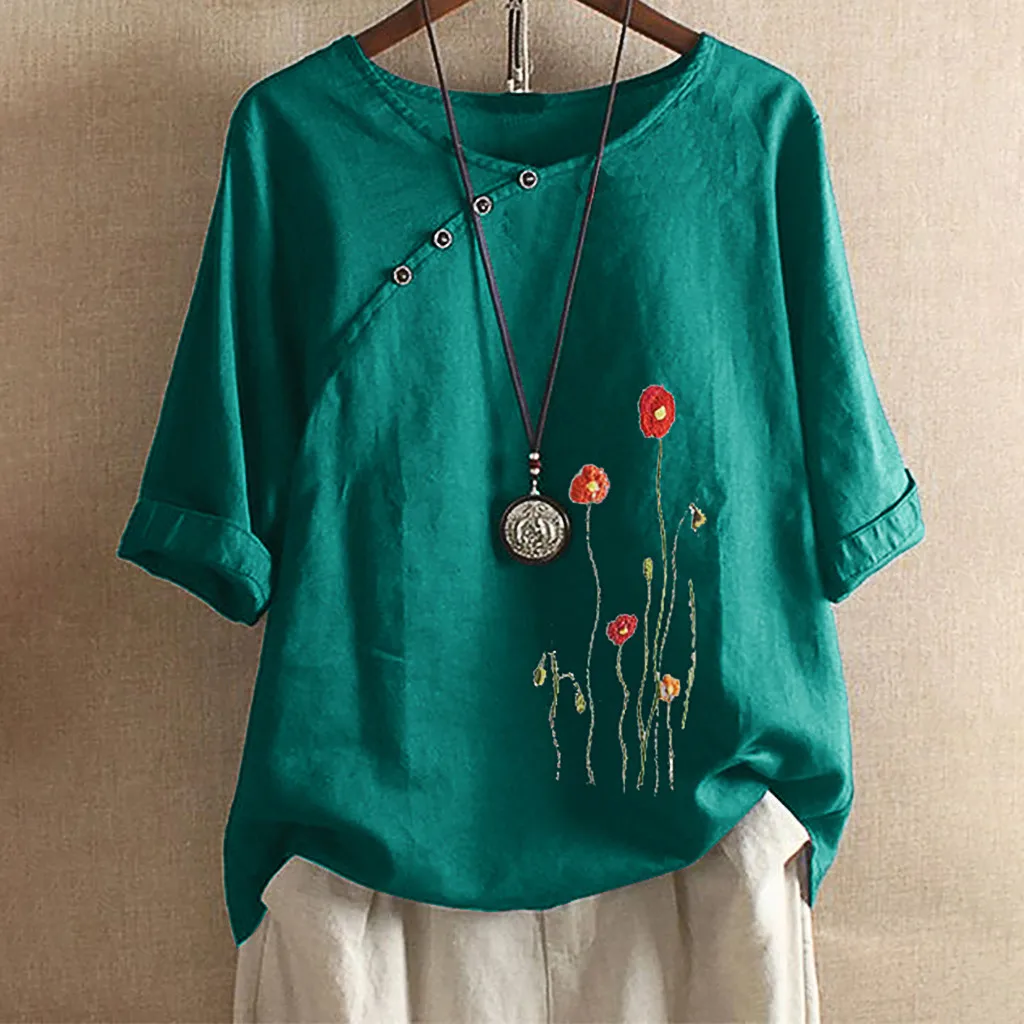 Женская блузка с цветочной вышивкой и пуговицами размера плюс винтажные блузки
