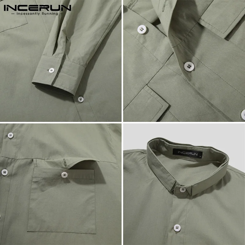 

INCERUN 2021 Men Solid Color Shirt Brand Turn Down Collar Long Sleeve Casual Tops Streetwear Pockets Cotton Cozy Shirts Camisas