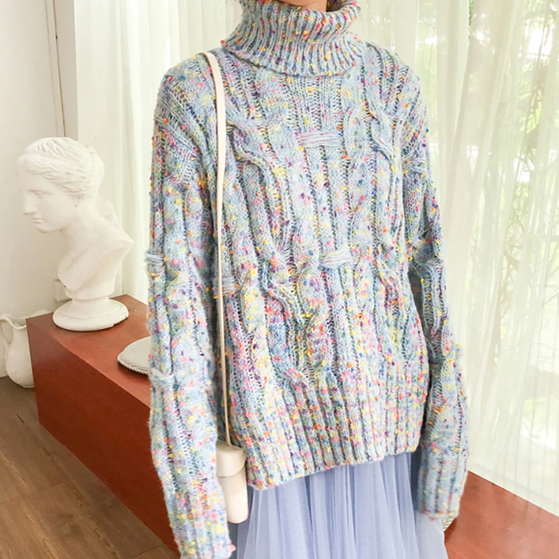 

WAVSIYIER 2020 spring winter women turtleneck sweater female twisted mixed color thick knitted ladies jumper woman pullover chic