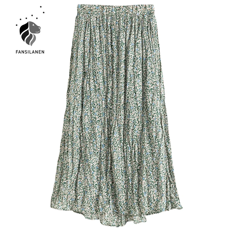 

FANSILANEN Floral print chiffon pleated skirt Women spring summer boho elegant high waist skirt Female green vintage long skirt