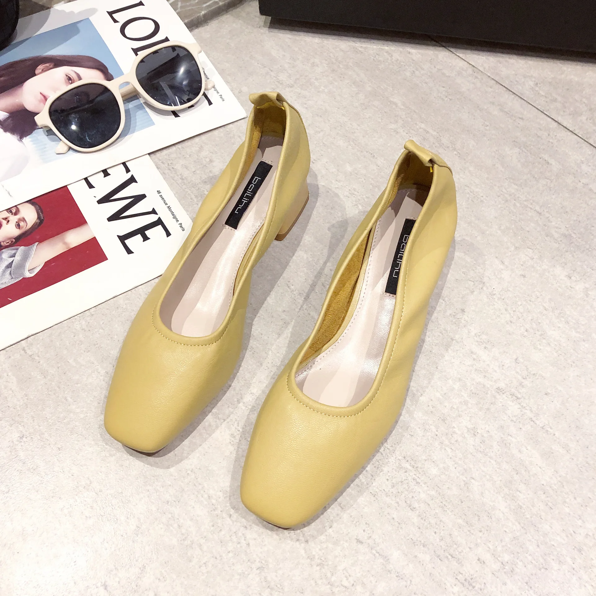 

thick heel shoes women's 2020 new shallow square head Mid Heel fashion shoes