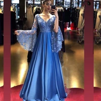 royal blue long sleeve evening dresses 2021 a line lace appliques sequins shiny party prom gown satin v neck floor length
