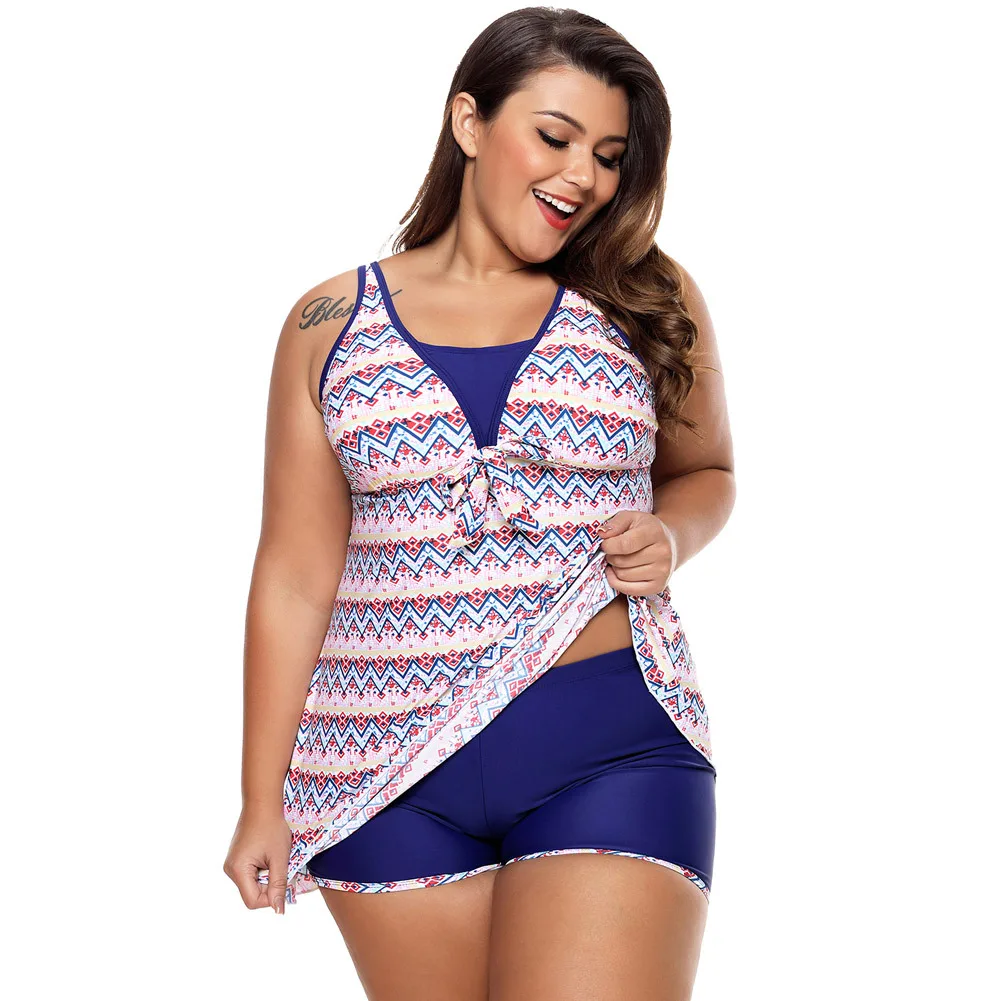 

Swimsuit print conservative bikini low neck sleeveless high waist boxer split swimsuit