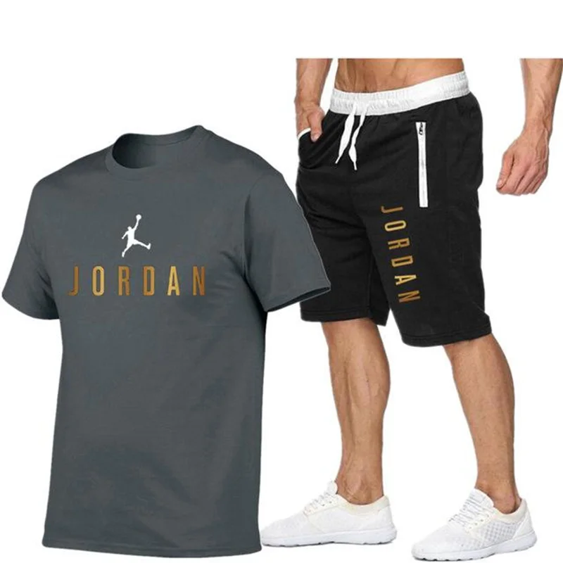

2021Summer Men's T-shirt Set 2-piece Men's Sportswear Suit Basketball Sports Fitness Jordan-23 Printed Short Sleeve + Men's Suit