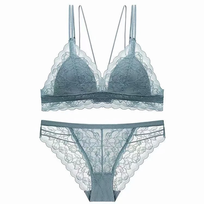 

Sexy White French Underwear Women's Summer Thin Large Chest Show Small Cup Lace Comfortable Breathable No Steel Lingerie Set