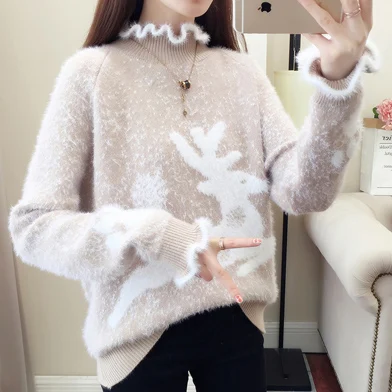 pullover Уродливый Рождественский свитер с оленем, водолазка, кашемировый свитер для женщин, высокий ворот, пушистый мех, зимние свитера, Pull Femme - Цвет: pullover