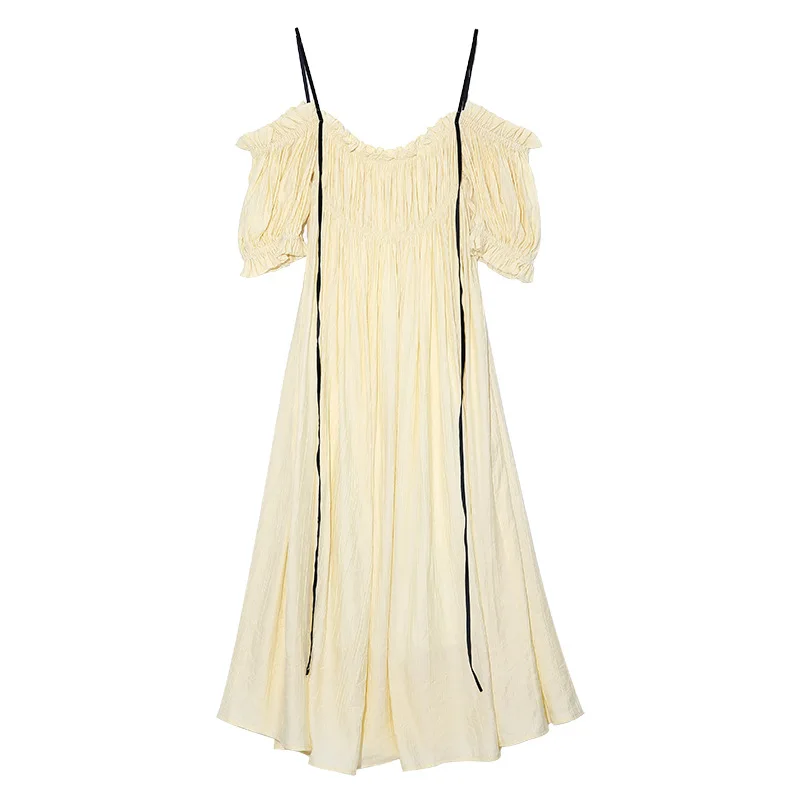 

Janpan Style Sweet Off The Shoulder Camisole Dress Sexy Slash Collar Ribbon Folds Design Women Dresses 2021 Spring Chic Vestido