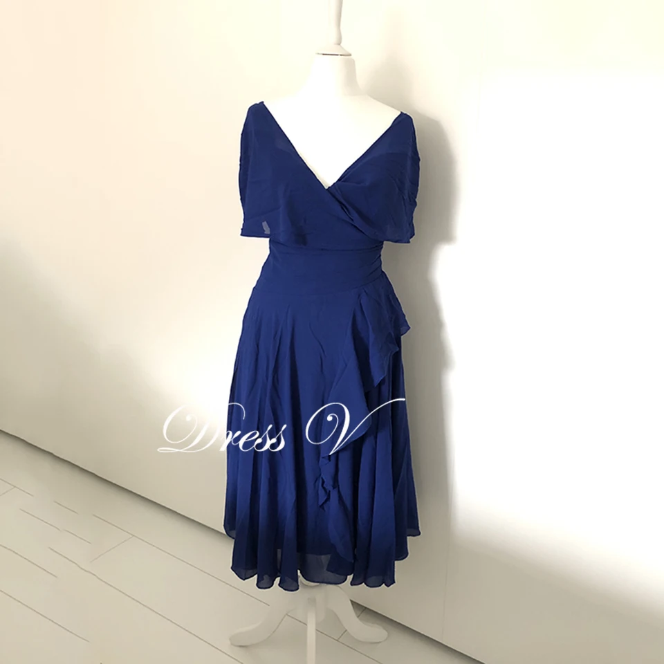 

Dressv ice blue cocktail dress v neck sleeveless knee length ruffles a line gown lady homecoming short cocktail dresses