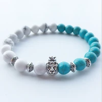 new design fashion 8mm natural blue white howlite beads with alloy crown lion head bracelet mens gift jewelry