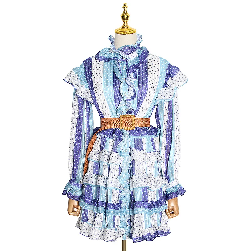 

Europe's new French retro high collar floral waist slimming wooden ear cake skirt with belt