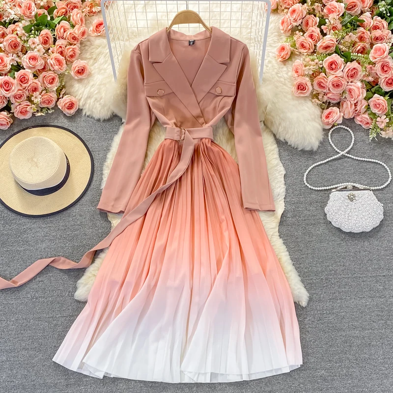 

Autumn Women Pink Pleated Long Dress Ladies Office Notched Collar High Waist Draped Vestidos With Sashes Female Elegant Robe New