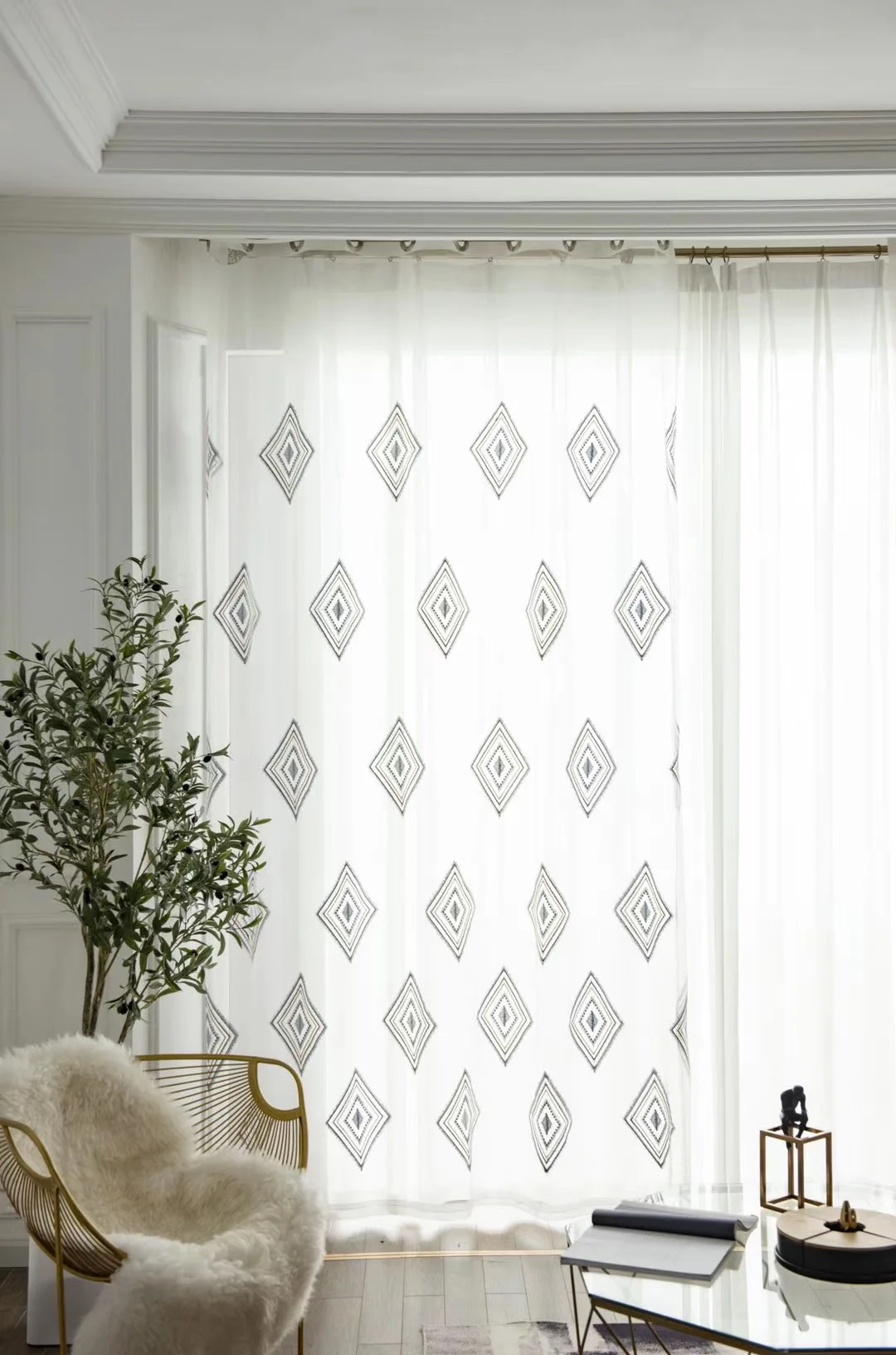

Checkered Geometric Design White Sheer Curtains Tulle Window Curtains for Living Room Bedroom Tulle Voile Cafe Curtains