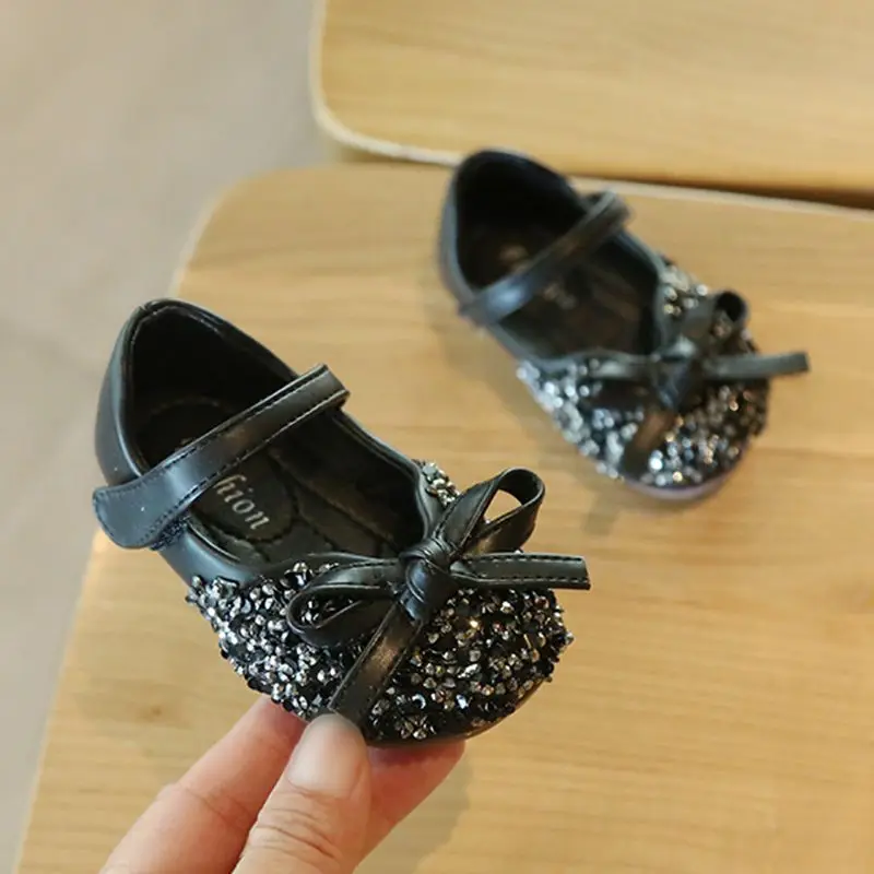 

11.5-15.5cm Bling Glitter Baby Leather Shoes Bowtie Princess Dress Shoes For Party Wedding Champagne Silver Spring Autumn Shoes