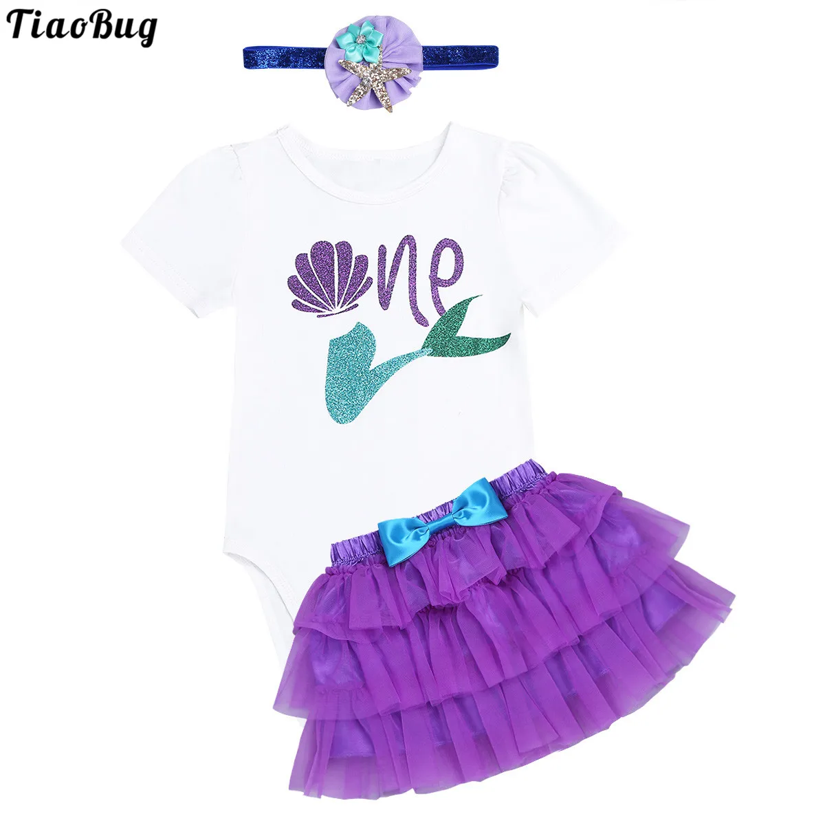 

TiaoBug Summer Infant Baby Girls Mermaid Outfit Short Sleeve Romper With Tutu Skirt And Headband Set Birthday Party Costume