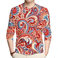 summer tops adult long sleeved t shirts 3d print red floral tshirt paisley pattern crew neck unisex casual plus size streetwear
