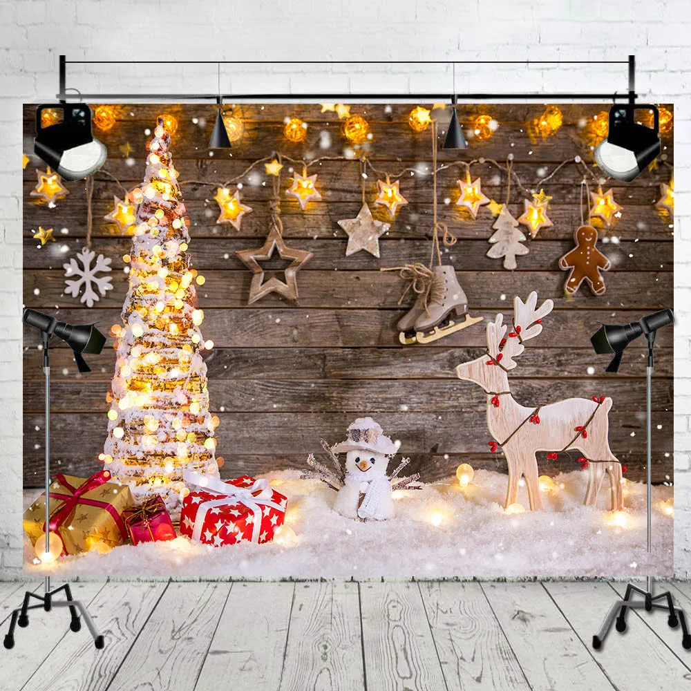 

Christmas Backdrops Wood Christmas Deer Shining Stars Xmas Tree Kid Family Photography Background Photo Studio Props