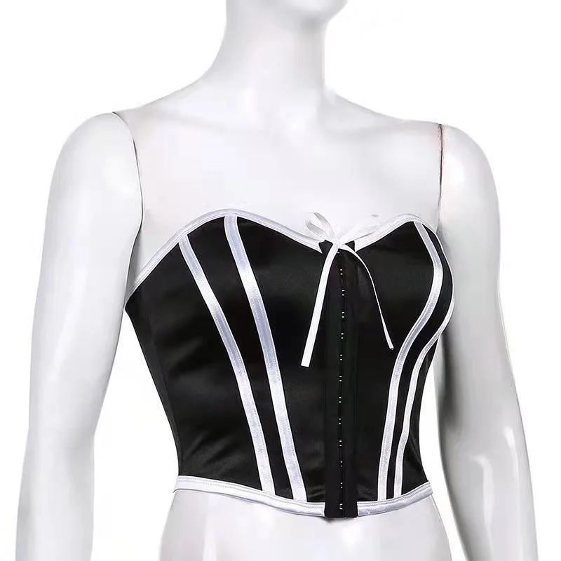 

Hot Sale Gothic Strapless Corset Women Hook Crop Top Sexy Bow Stripe Tops Patchwork Bustier Streetwear Bodycon Clothes Summer