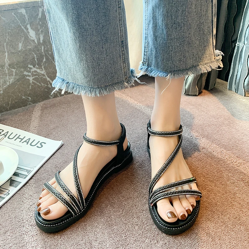 

Roman Sandals 2021 Women's Clogs Wedge Ladies Shoes Summer Strappy Heels Suit Female Beige Med Gladiator New Rhinestone Platform