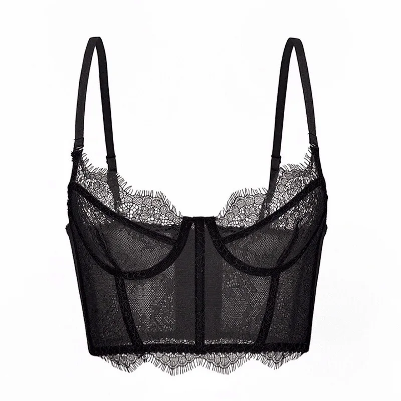 

Sexy Lingerie for Small Breast Ultra Thin Thick Lace Push Up Bra Breathable Hallow Out Bra Set Wireless Posture Support Bra