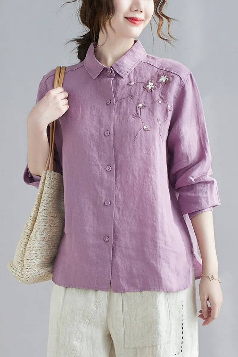 

LZMONE 2021 Spring New Retro Art Embroidered Shirt Women's Long Sleeve Large Size Loose Cotton Hemp Temperament Top Fashion