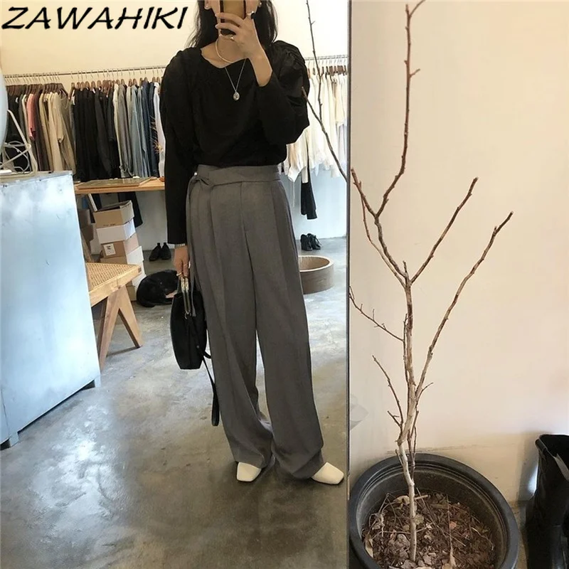 

ZAWAHIKI Autumn New Long Puff Sleeve Solid Fashion Tops for Women Skew Collar Folds Casual Blusa Mujer Vintage Chic Blouses