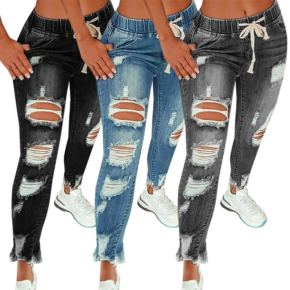 

Jeans Elastic Waist Jeans Women Drawstring Hole Slim Denim Pants Casual Ladies Trousers Ripped Jeans for Women