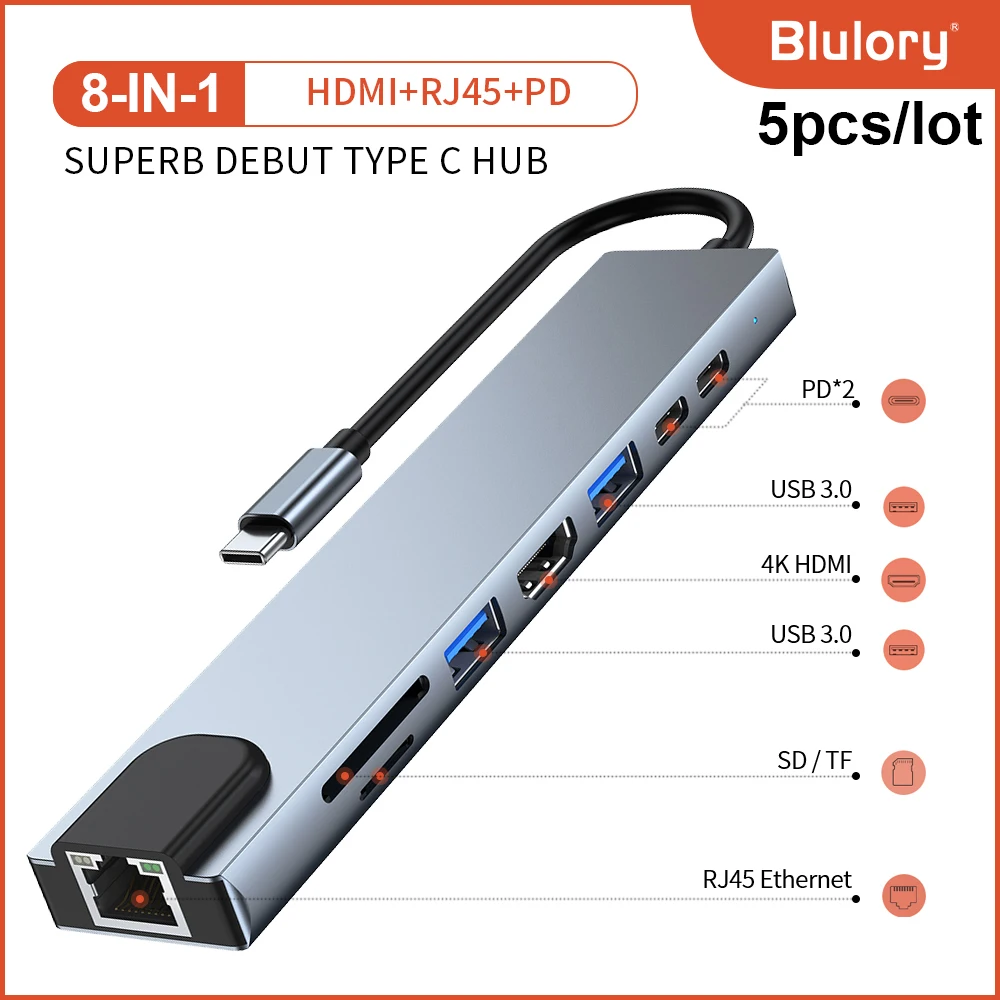 

8-in-1 Type-C Intelligent Docking Station USB C Hub With PD Power RJ45 HDMI TF/SD Card Notebook Type-C Splitter For Laptop PC