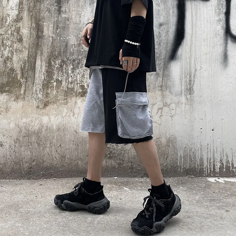

Japanese Oversize M-XL Summer Men Beach Shorts Colorblock Raw edge Pocket Gothic Loose Outdoor Male Shorts High Street Hip Hop