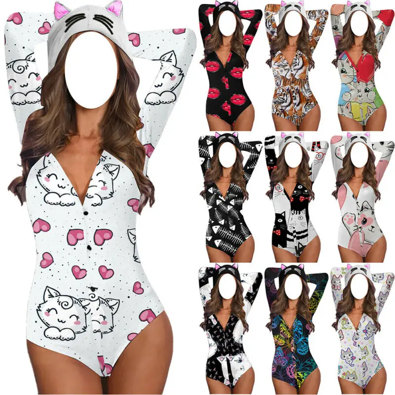 

Womens Animal Print Long Sleeve Romper Bodysuit Leotard Jumpsuit Summer Playsuit