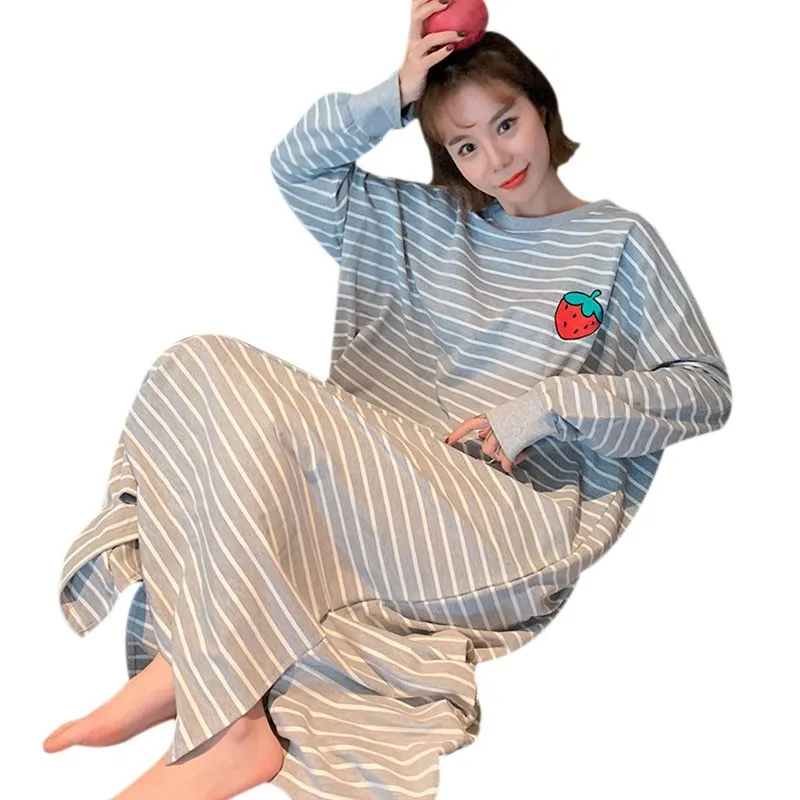 

Весенне-осенняя полосатая Радужная ночная рубашка с фруктами и длинными рукавами, одежда для сна с милым мультяшным медведем, Свободная Жен...