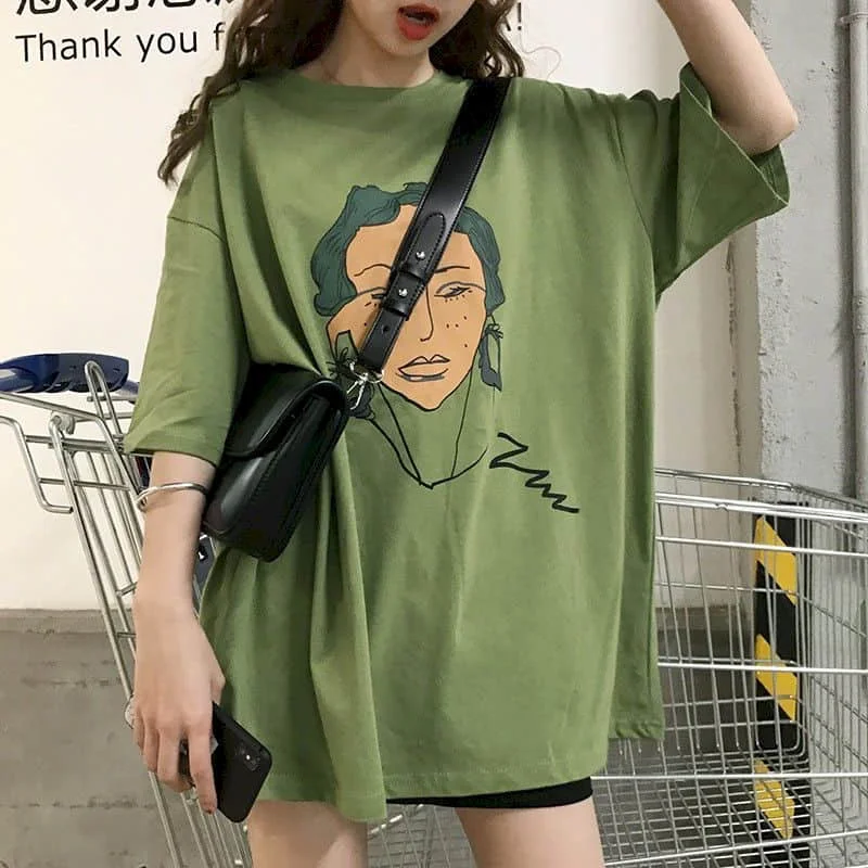 Avocado green vintage t-shirt Hong Kong style short-sleeved female Harajuku student half-sleeved bottoming top portrait printing | Женская