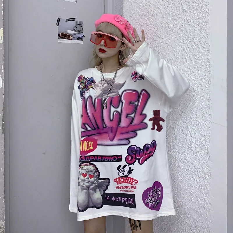 

Harajuku ins long sleeve t-shirts o-neck print cartoon loose spring new Women's Clothing tops casual style ladies Tees Pink