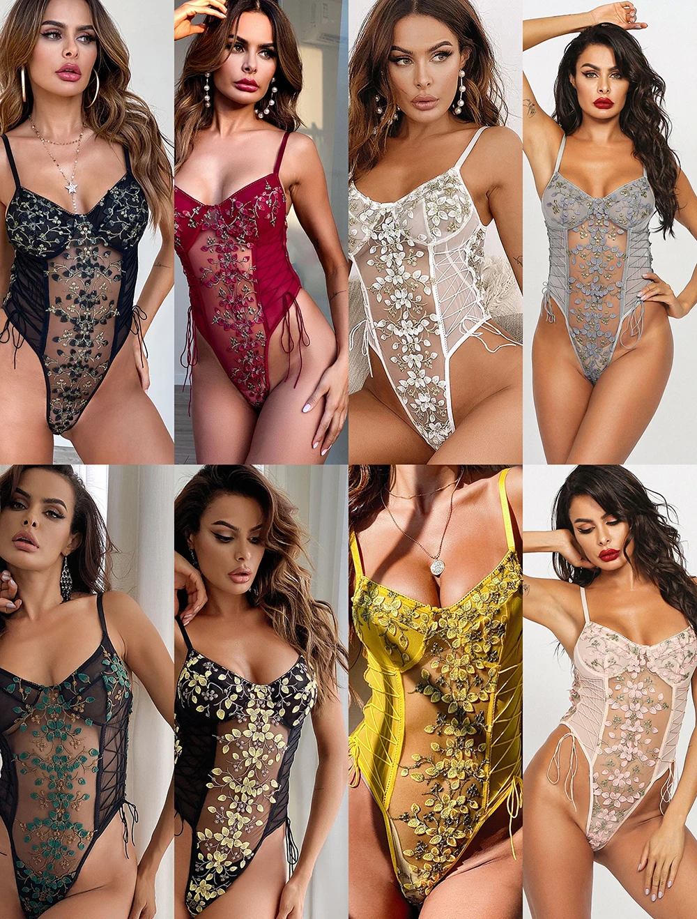 Ellolace Lace Bodysuit Women Floral Embroidery Sexy Overalls for Women Lace up Bandage Female Jumpsuit Lace Body Sexy Woman