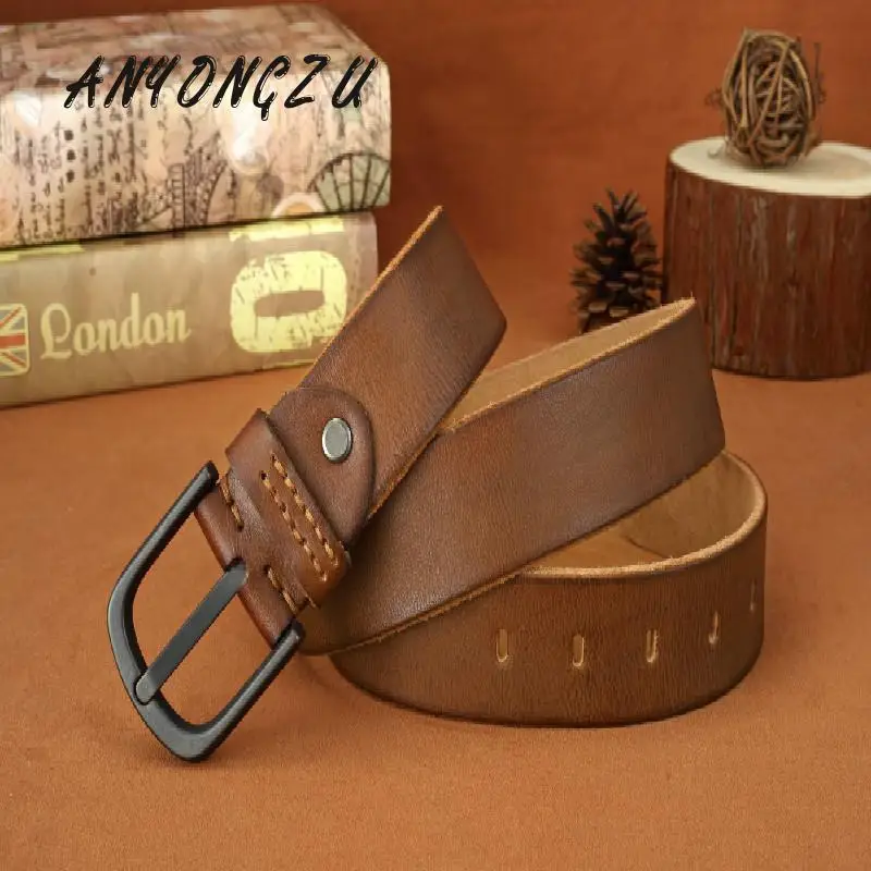 100% High Quality cow genuine leather luxury strap male belts for men new fashion classice vintage pin buckle men belt 120 125CM