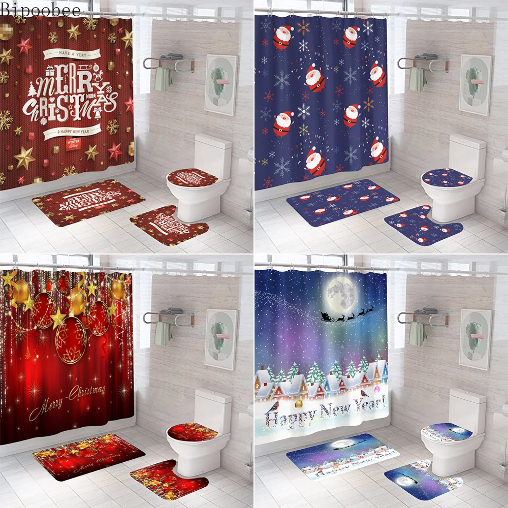 

Bipoobee Santa Claus Elk Bells Shower Curtains Bathroom Curtain Merry Christmas Anti Slip Pedestal Rug Toilet Cover Bath Mat Set