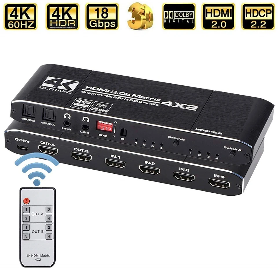 Сплиттер HDMI Navceker Matrix 18 5 Гбит/с 4x2 4K 60 Гц сплиттер с SPDIF и L/R 3 мм HDR Переключатель s |