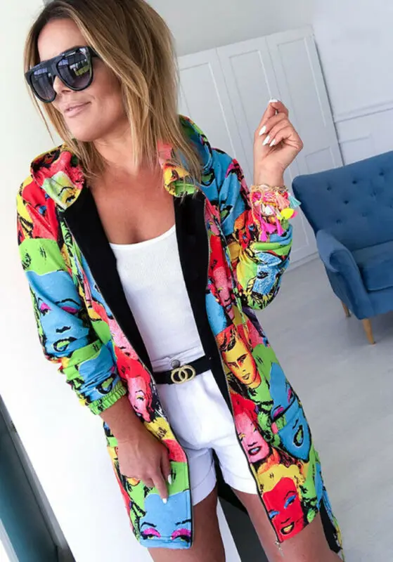 Новая модная женская куртка пальто с принтом и длинным рукавом на молнии