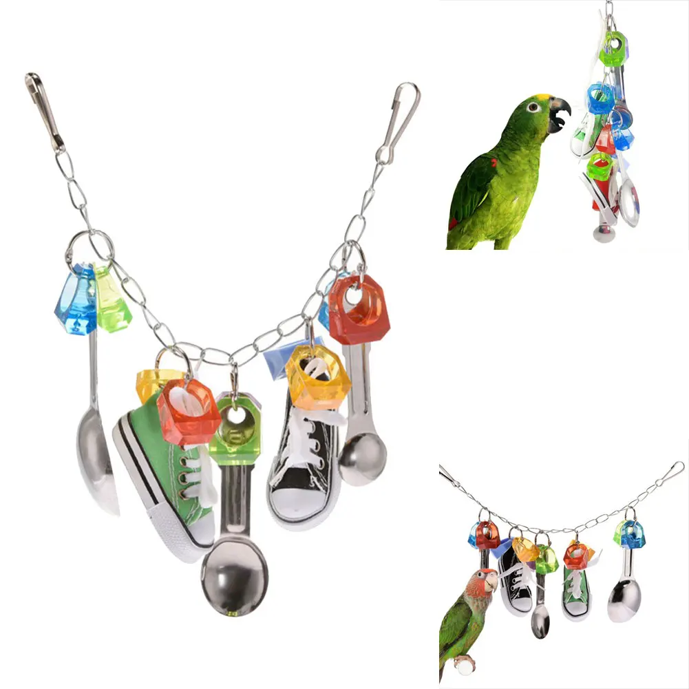 

Parrot Toy Bird Spoon Chew Toys Hanging Swing Stainless Steel Acrylic Toy With Sweet Sound Security Toys For Birds Random Color