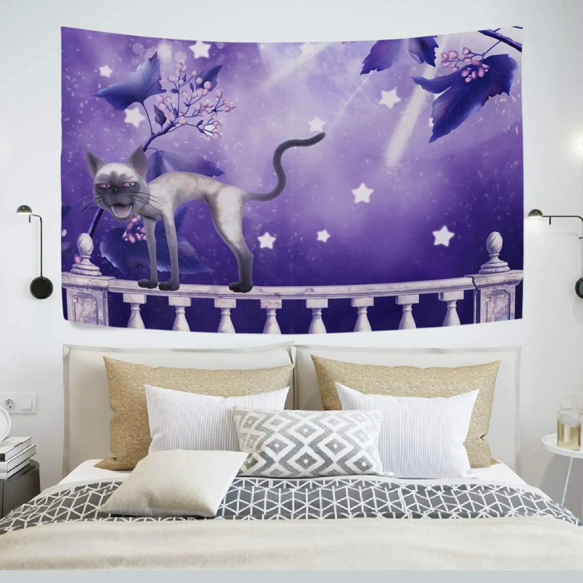 

Гобелен настенный, фиолетовая Луна с забором, кошка настенное художественное украшение для спальни, гостиной, общежития, оконная занавеска,...