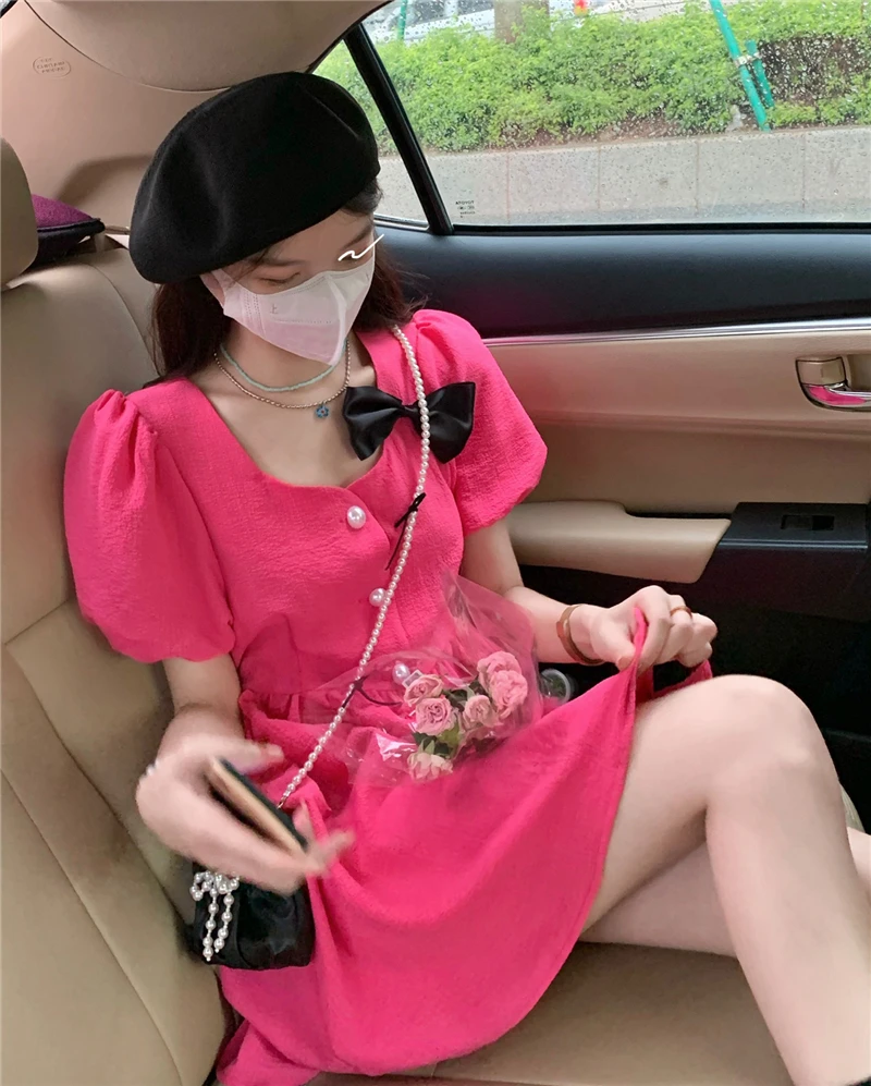 

Girls Summer Puff Sleeve Dress Fashion Short-Sleeve Pearl Button Rose Red Short Skirt Streetwear Women Clothing