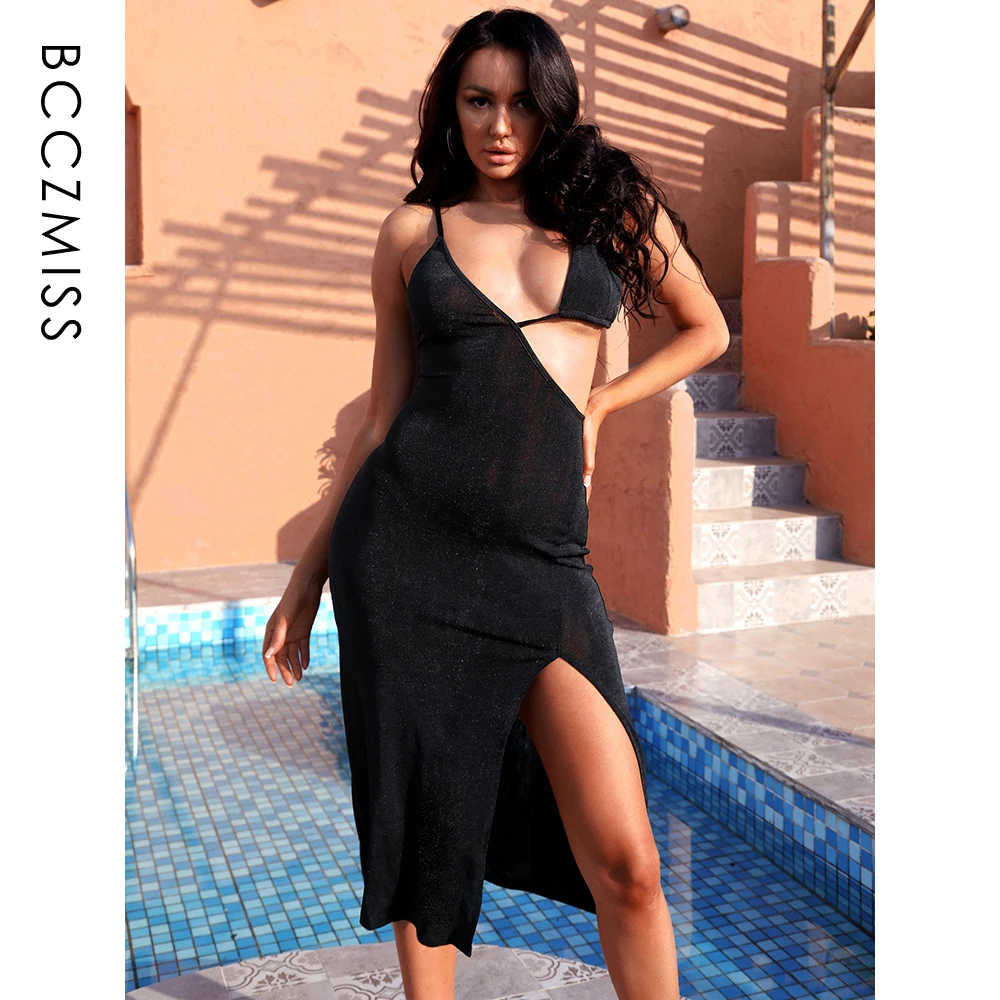

Sexy Club Women Dress Suit Black Summer Side Hollow Out Drawstring Elastic Waist Reflective Knit Bodycon Strapless Party Skirt